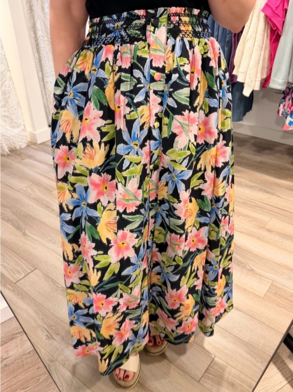 Floral Midi Skirt with Smocked Waist - Black Multi